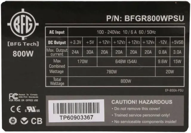 Alt view image 3 of 7 - BFG Tech BFGR800WPSU 800 W ATX 12V Ver.2.2/ EPS 12V Ver.2.91 SLI Ready Power Supply