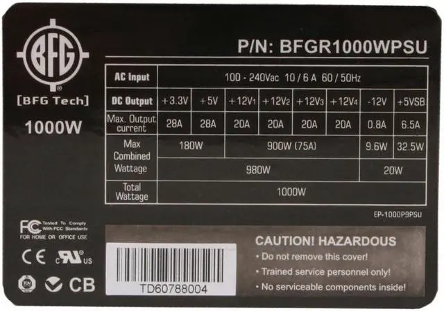 Alt view image 3 of 8 - BFG Tech BFGR1000WPSU 1000 W ATX 12V 2.2/EPS 12V 2.91 SLI Ready Active PFC Power Supply