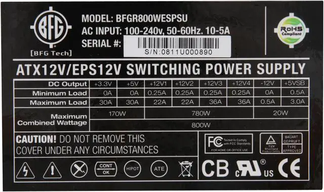 Alt view image 5 of 11 - BFG Tech ES SERIES ES-800 800W Continuous @ 40°C ATX12V 2.3 / EPS12V 2.92 SLI Certified CrossFire Ready 80 PLUS Certified Active PFC SLI Power Supply