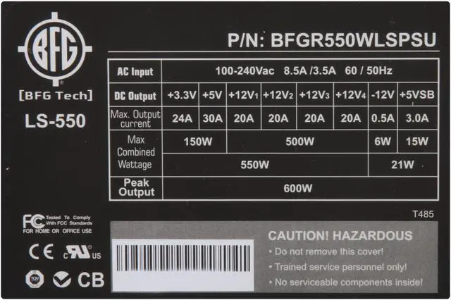 Alt view image 6 of 11 - BFG Tech LS SERIES LS-550 550W Continuous @ 40°C ATX12V 2.3 / EPS12V 2.8 SLI Certified CrossFire Ready 80 PLUS Certified Active PFC Power Supply