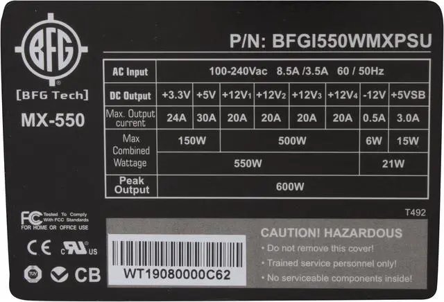 Alt view image 5 of 10 - BFG Tech MX 550 550 W ATX12V / EPS12V SLI Ready CrossFire Ready Modular Active PFC Power Supply