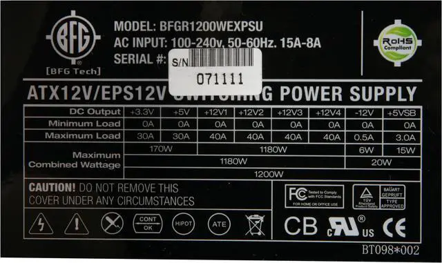 Alt view image 4 of 8 - BFG Tech EX-1200 BFGR1200WEXPSU 1200W Continuous Rated at 40°C ATX12V 2.2 / EPS12V 2.91 SLI Ready CrossFire Ready 80 PLUS Certified Modular Active PFC Power Supply