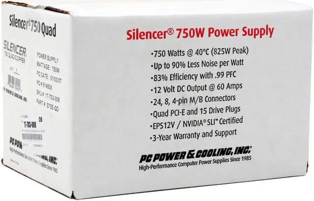 Alt view image 7 of 7 - PC Power & Cooling Silencer 750 Quad - Copper 750W Continuous @ 40°C (825W Peak) EPS12V SLI Certified CrossFire Ready Active PFC Power Supply