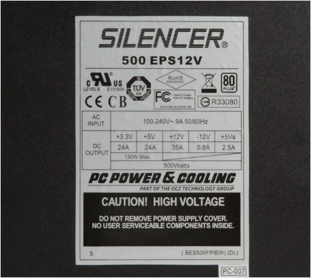 Alt view image 4 of 9 - PC Power and Cooling Silencer PPCS500 500 W ATX12V / EPS12V SLI Ready CrossFire Ready 80 PLUS Certified Active PFC Power Supply compatible with core i7