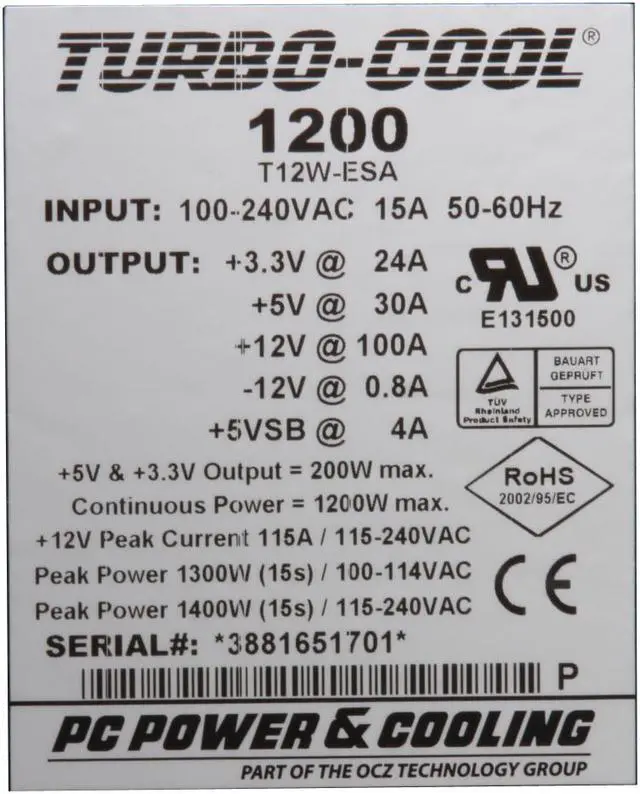 Alt view image 4 of 8 - PC Power and Cooling PPCT1200ESA 1200 W ATX12V / EPS12V SLI Ready CrossFire Ready Active PFC Power Supply