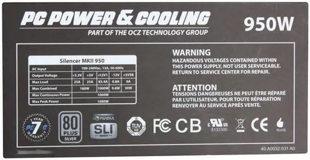 Alt view image 5 of 7 - PC Power and Cooling Silencer Mk II 950W High Performance 80PLUS Silver SLI CrossFire Intel Haswell Ready Power Supply