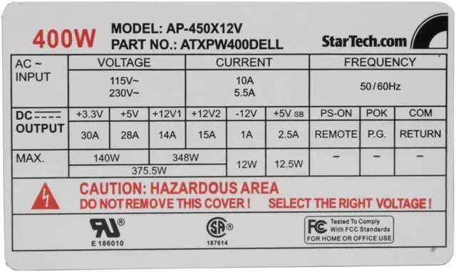 Alt view image 3 of 6 - StarTech ATXPW400DELL 400W ATX12V Ver. 2.01 Dell Replacement Power Supply