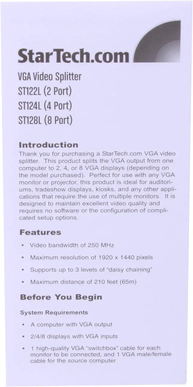 Alt view image 6 of 7 - StarTech.com ST122L 2 Port VGA Video Splitter - 250 MHz