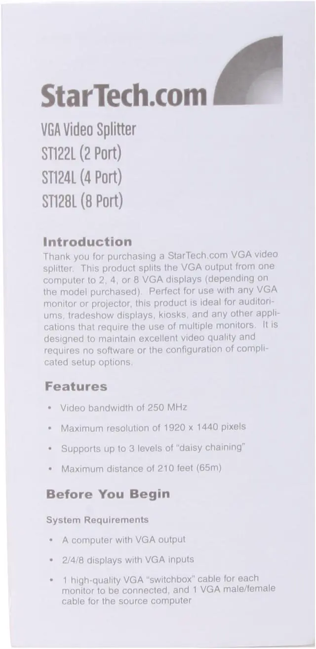 Alt view image 5 of 6 - StarTech.com ST124L 4 Port VGA Video Splitter - 250 MHz