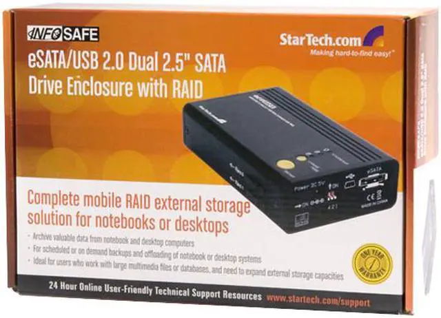 Alt view image 6 of 6 - StarTech InfoSafe SAT2520U2ER Aluminum 2.5" Black eSATA USB Dual SATA External Hard Drive Enclosure w/ RAID