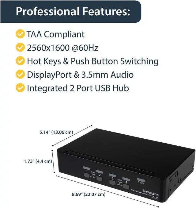 Alt view image 5 of 7 - StarTech.com SV431DPUA DisplayPort KVM - 4 Port with 7.1 Audio - 2560 x 1600 @ 60Hz - USB 2.0 Hub - KVM Switch 4 Port - USB KVM - KVM DisplayPort
