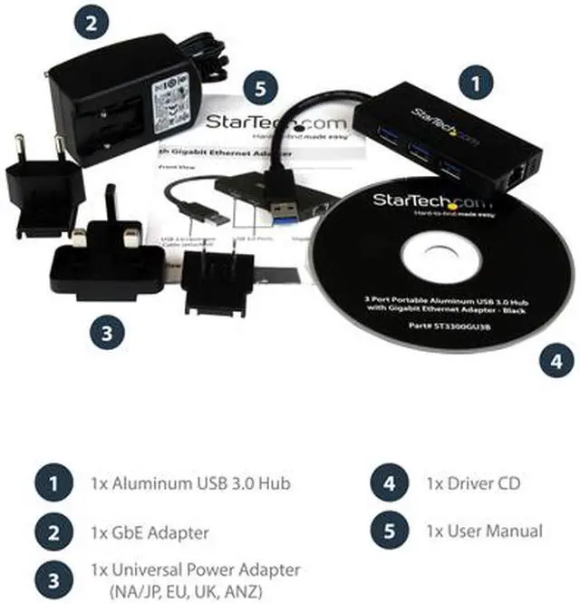 Alt view image 6 of 6 - StarTech.com ST3300GU3B USB 3.0 Hub with Gigabit Ethernet Adapter - 3 Port - NIC - USB Network Adapter - USB Ethernet Dongle - USB Lan Adapter