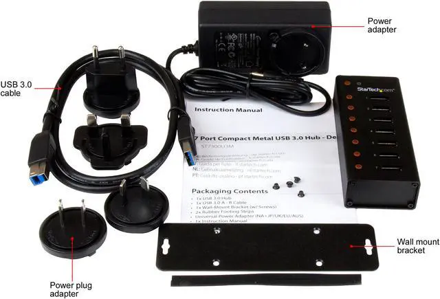 Alt view image 6 of 6 - StarTech.com ST7300U3M 7 Port USB 3.0 Hub - Metal Enclosure - Desktop or Wall Mountable - USB 3 Hub - USB Extender - Powered USB 3.0 Hub - USB Splitter