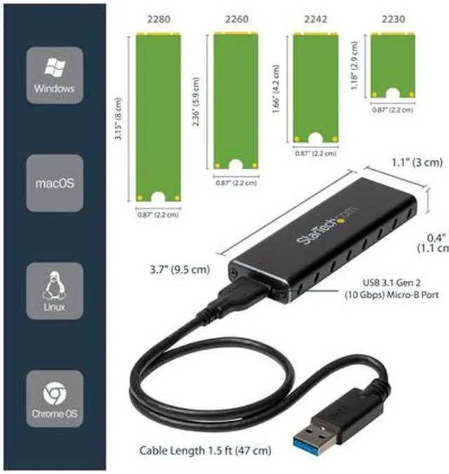 Alt view image 3 of 5 - StarTech.com SM2NGFFMBU33 M.2 SSD Enclosure for M.2 SATA SSDs - USB 3.0 (5Gbps) with UASP - External M.2 SSD Enclosure - Aluminum