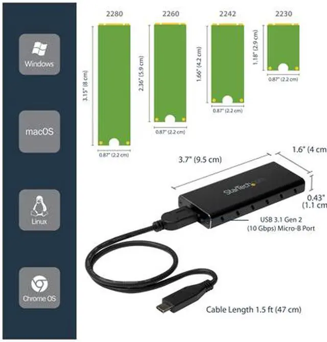 Alt view image 3 of 5 - StarTech.com SM21BMU31C3 M.2 SSD Enclosure for M.2 SATA SSDs - USB 3.1 (10Gbps) with USB-C Cable - External Enclosure for USB-C Host - Aluminum