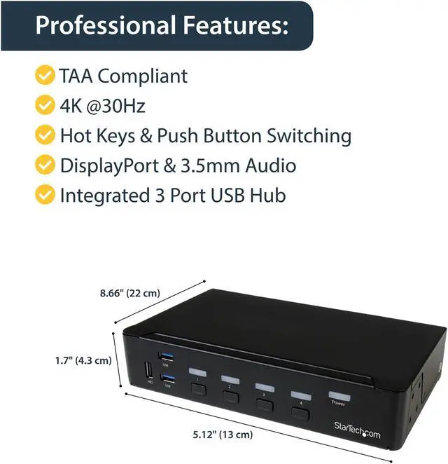 Alt view image 5 of 7 - StarTech.com SV431DPU3A2 4-Port DisplayPort KVM Switch - DP KVM Switch with Built-in USB 3.0 Hub for Peripherals - 4K 30Hz