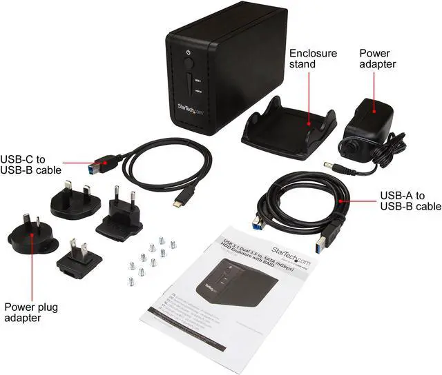 Alt view image 7 of 7 - StarTech S352BU313R 3.5" External Dual Hard Drive Enclosure - Raid - USB-C and USB-A - SATA 6Gbps - 2 Bay USB 3.1 SSD HDD Enclosure