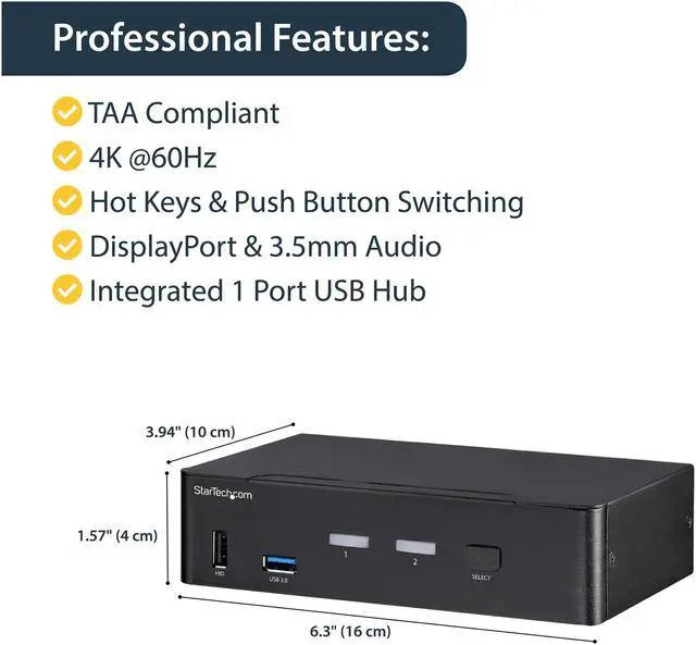 Alt view image 4 of 6 - StarTech.com SV231DPU34K 2-Port DisplayPort KVM Switch - 4K 60Hz - DisplayPort 1.2 KVM Switch