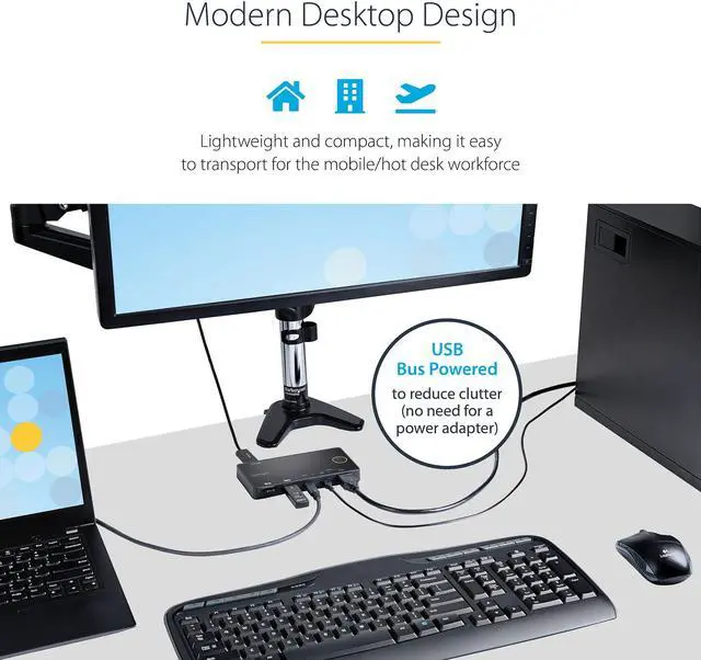 Alt view image 4 of 12 - 2 Port Hybrid USB-A + HDMI & USB-C KVM Switch, Single 4K 60Hz HDMI 2.0 Monitor, Compact Desktop and/or Laptop HDMI KVM Switch, USB Bus Powered, Thunderbolt 3 Compatible - 2 Port HDMI KVM Switch