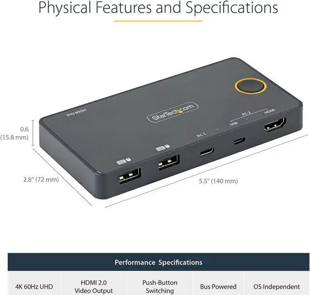 Alt view image 3 of 12 - 2 Port Hybrid USB-A + HDMI & USB-C KVM Switch, Single 4K 60Hz HDMI 2.0 Monitor, Compact Desktop and/or Laptop HDMI KVM Switch, USB Bus Powered, Thunderbolt 3 Compatible - 2 Port HDMI KVM Switch