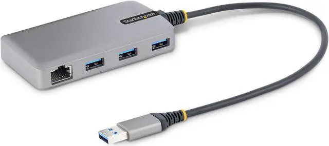 Main image of StarTech.com 3-Port USB Hub with Ethernet - 3x USB-A Ports - Gigabit Ethernet (RJ-45) - USB 3.0 5Gbps - Bus-Powered - 1ft/30cm Long Cable - Portable Laptop USB Hub Adapter w/ GbE 5G3AGBB-USB-A-HUB