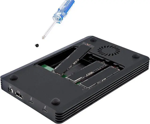 Alt view image 4 of 7 - StarTech.com 4 Bay Thunderbolt 3 NVMe External Enclosure for M.2 NVMe SSD Drives - 1x DisplayPort Video/ 2x TB3 Downstream Ports - 40Gbps - 72W Power Supply (M2E4BTB3)
