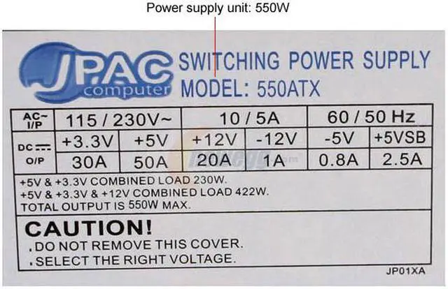 Alt view image 3 of 7 - JPAC 550ATX 550 W ATX Power Supply - OEM