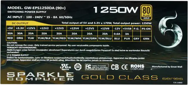 Alt view image 5 of 7 - SPARKLE COMPUTER CORP Gold Class GW-EPS1250DA 1250W ATX12V / EPS12V 80 PLUS GOLD Certified Modular Active PFC Power Supply
