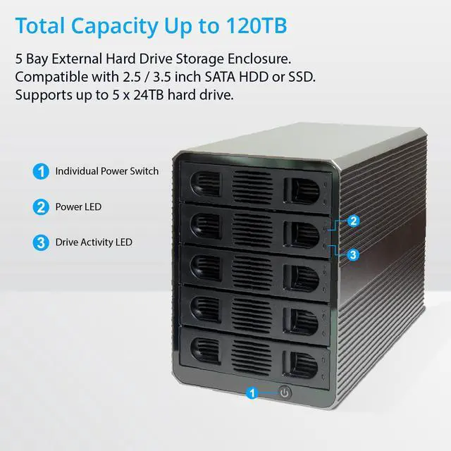 Alt view image 2 of 8 - 5 Bay USB 3.2 Type-C 10Gbps Daisy-Chain Hard Drive Enclosure DAS, Support 120TB (5x 24TB) 2.5" & 3.5" SATA HDD/SSD - SY-ENC50128