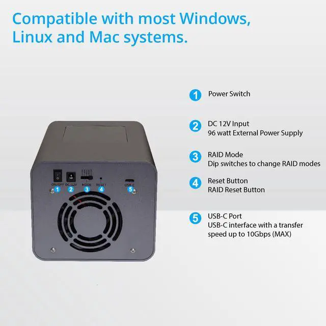 Alt view image 4 of 9 - USB 3.2 (10Gbps) Type-C 2 Bay 2.5 Inch and 3.5 Inch SATA Hard Drive + 2 Bay M.2 NMVe Combo External Hard Drive Enclosure - SY-ENC50127