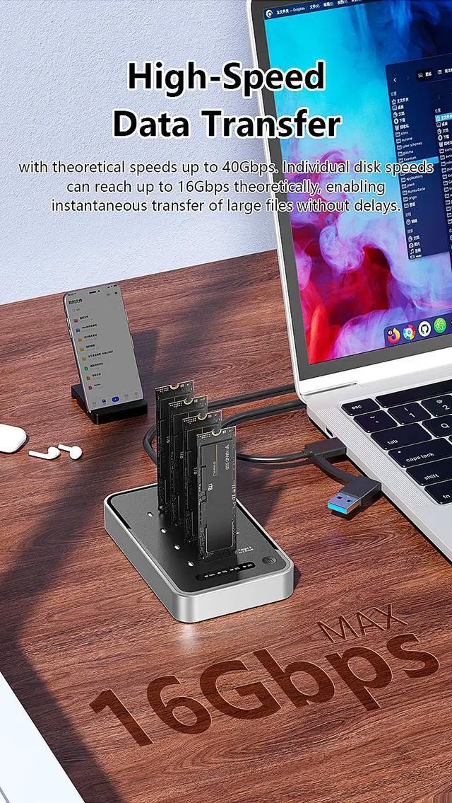 Alt view image 3 of 5 - 4 Bays USB4.0 (USB-C) 40G Portable NVMe (M Key, B+M Key) / NVMe / PCIe SSD (22110, 2280, 2260, 2242, 2230) Ultra Fast External SSD Docking Station Duplicator Cloner (Docking Only)