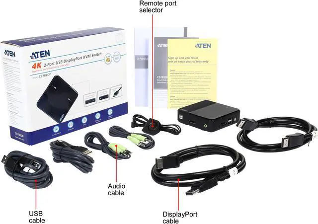 Alt view image 7 of 7 - ATEN CS782DP 2-Port UHD 4K USB DisplayPort KVM Switch - allows to access two 4K-enabled computers from a single USB keyboard, USB mouse, and DisplayPort video console