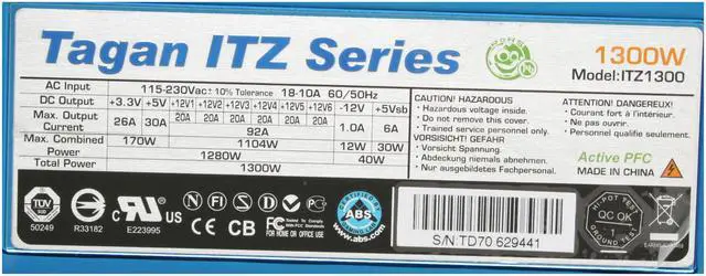 Alt view image 4 of 10 - ABS Tagan ITZ Series ITZ1300 1300 W ATX12V / EPS12V SLI Certified CrossFire Ready Active PFC Power Supply