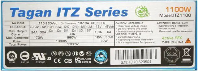 Alt view image 4 of 9 - ABS Tagan ITZ Series ITZ1100 1100 W ATX12V / EPS12V SLI Certified CrossFire Ready Active PFC Power Supply