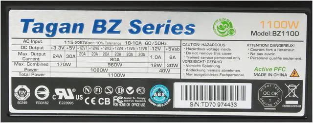 Alt view image 7 of 16 - ABS Tagan BZ Series BZ1100 1100 W ATX12V / EPS12V SLI Ready CrossFire Ready 80 PLUS Certified PipeRock type modular cable with colorful LED Active PFC Patent Piperock Modular Power Supply