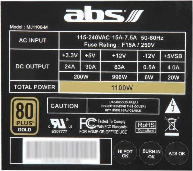 Alt view image 6 of 7 - ABS Majesty series MJ1100-M Continuous 1100W@50°C ATX12V/EPS12V 80 PLUS GOLD Certified, Single 12V Rail, Modular Flat Cable Design, Active-PFC  "Compatible with Core i7, i5" Power Supply