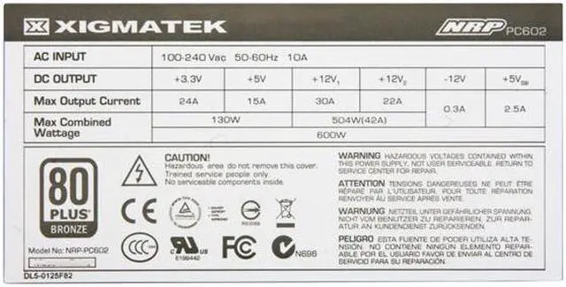 Alt view image 5 of 7 - XIGMATEK ACXTNRP-PC602 600W ATX12V Ver.2.3 SLI Ready CrossFire Ready 80 PLUS BRONZE Certified Active PFC Power Supply