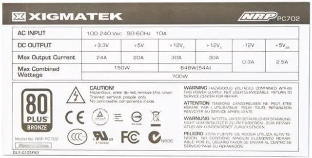 Alt view image 5 of 6 - XIGMATEK NRP-PC702 700 W ATX12V v2.3 SLI Ready CrossFire Ready 80 PLUS BRONZE Certified Active PFC Power Supply