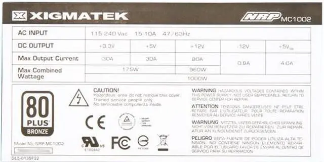 Alt view image 5 of 7 - XIGMATEK NRP-MC Series NRP-MC1002 1000 W ATX12V v2.3 SLI Ready CrossFire Ready 80 PLUS BRONZE Certified Modular Active PFC Power Supply