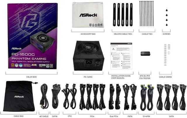 Alt view image 10 of 10 - ASRock Phantom Gaming PG-1600G 1600W 80 PLUS GOLD & Cybenetics PLATINUM Full Modular Power Supply, ATX3.1 & PCIe5.1 Ready with Dual Color 12V-2x6 Cables(2pcs), 10 Years Warranty