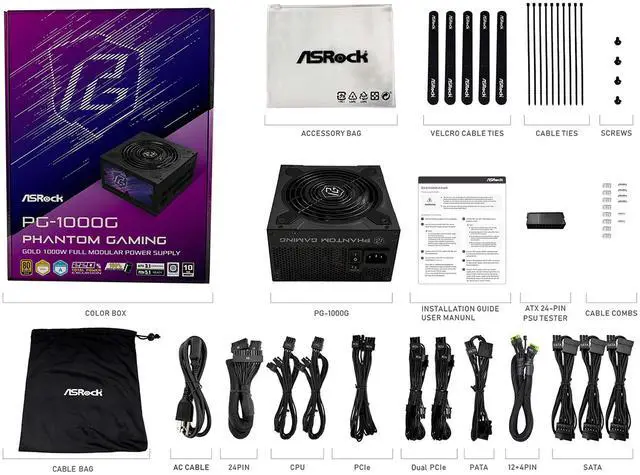 Alt view image 9 of 10 - ASRock Phantom Gaming PG-1000G 1000W 80 PLUS GOLD & Cybenetics GOLD Full Modular Power Supply, ATX3.1 & PCIe5.1 Ready with Dual Color 12V-2x6 Cable, 10 Years Warranty