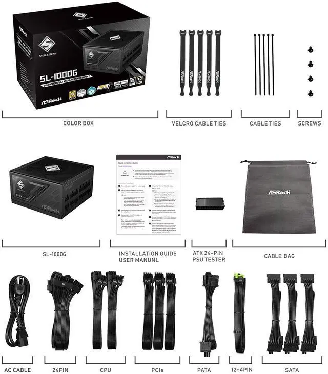 Alt view image 8 of 9 - ASRock Steel Legend SL-1000G 1000W 80 PLUS GOLD & Cybenetics PLATINUM Full Modular Power Supply, ATX3.1 & PCIe5.1 Ready with Dual Color 12V-2x6 Cable, 10 Years Warranty