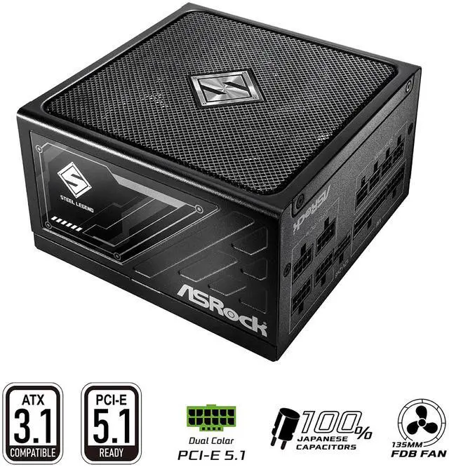 Main image of ASRock Steel Legend SL-750G 750W 80 PLUS GOLD & Cybenetics PLATINUM Full Modular Power Supply, ATX3.1 & PCIe5.1 Ready with Dual Color 12V-2x6 Cable, 10 Years Warranty