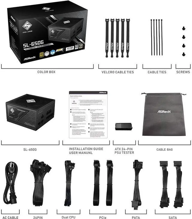 Alt view image 8 of 9 - ASRock Steel Legend SL-650G 650W 80 PLUS GOLD & Cybenetics PLATINUM Full Modular Power Supply, ATX3.1 Ready, 10 Years Warranty