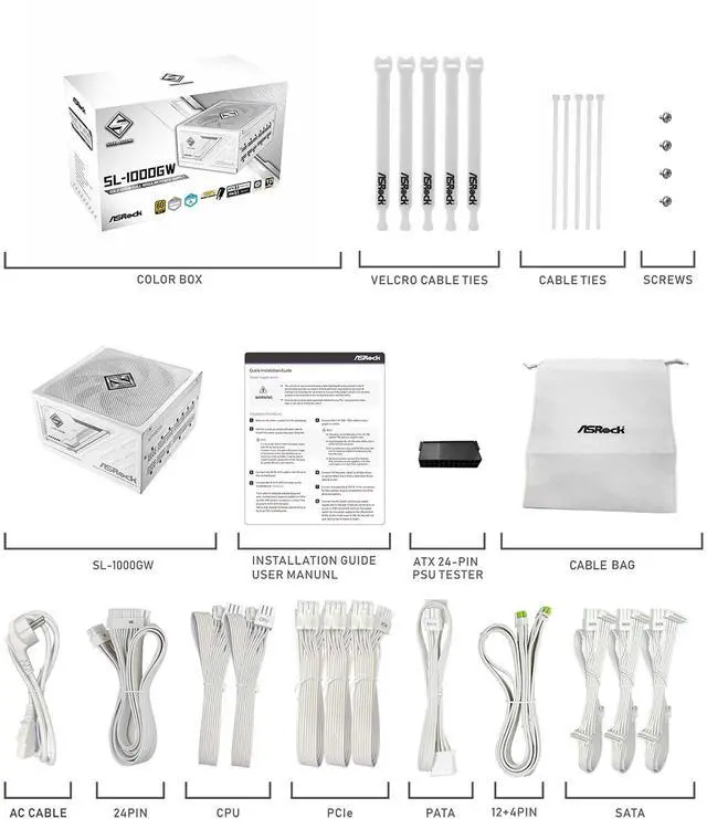 Alt view image 8 of 9 - ASRock SL-1000GW 1000W 80 PLUS GOLD & Cybenetics PLATINUM Full Modular Power Supply, ATX3.1 & PCIe5.1 Ready with Dual Color 12V-2x6 Cable, 10 Years Warranty, White Edition