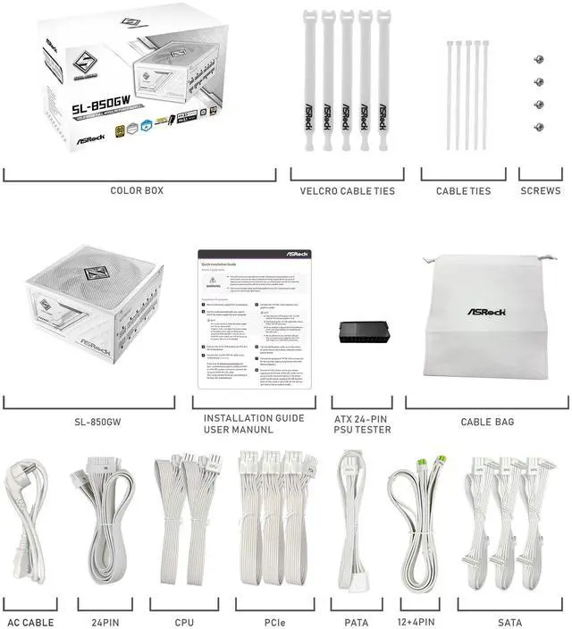 Alt view image 8 of 9 - ASRock Steel Legend SL-850GW 850W 80 PLUS GOLD & Cybenetics PLATINUM Full Modular Power Supply, ATX3.1 & PCIe5.1 Ready with Dual Color 12V-2x6 Cable, 10 Years Warranty, White Edition