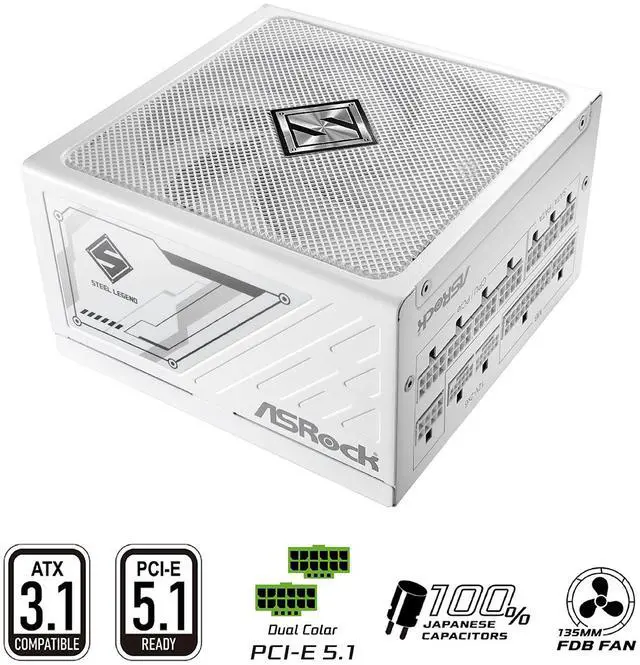 Main image of ASRock Steel Legend SL-1200GW 1200W 80 PLUS GOLD & Cybenetics PLATINUM Full Modular Power Supply, ATX3.1 & PCIe5.1 Ready with Dual Color 12V-2x6 Cable, 10 Years Warranty, White Edition