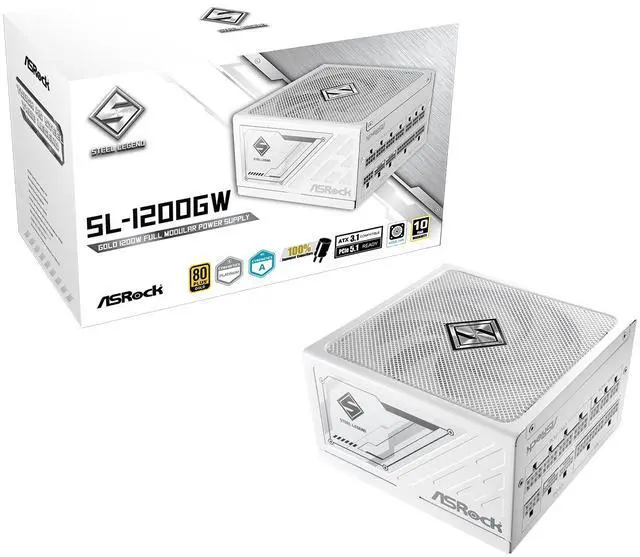 Alt view image 9 of 9 - ASRock Steel Legend SL-1200GW 1200W 80 PLUS GOLD & Cybenetics PLATINUM Full Modular Power Supply, ATX3.1 & PCIe5.1 Ready with Dual Color 12V-2x6 Cable, 10 Years Warranty, White Edition