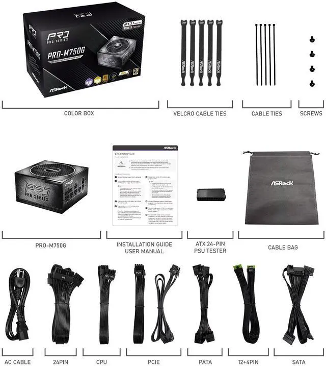 Alt view image 9 of 9 - ASRock PRO PRO-M750G 750 W ATX 3.1 80 PLUS GOLD Certified Power Supplies