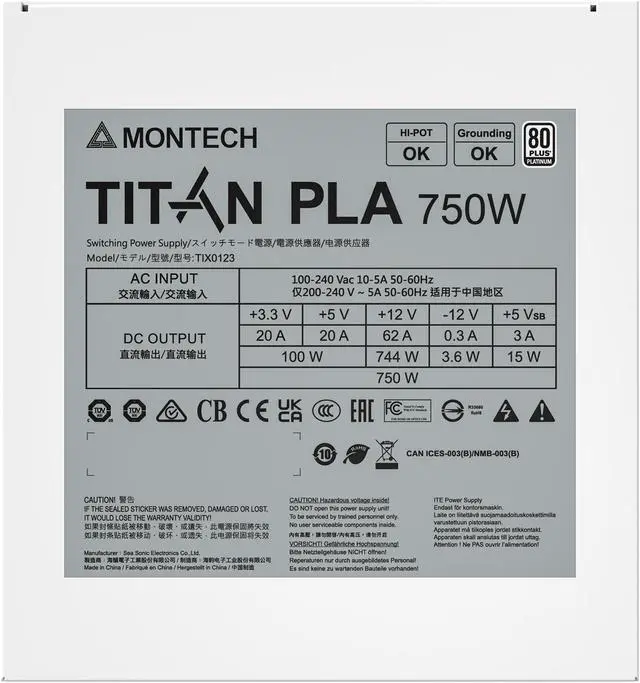 Alt view image 5 of 6 - Montech TITAN PLA 850 850 W ATX12V / EPS12V 80 PLUS PLATINUM Certified Full Modular Active PFC Power Supply